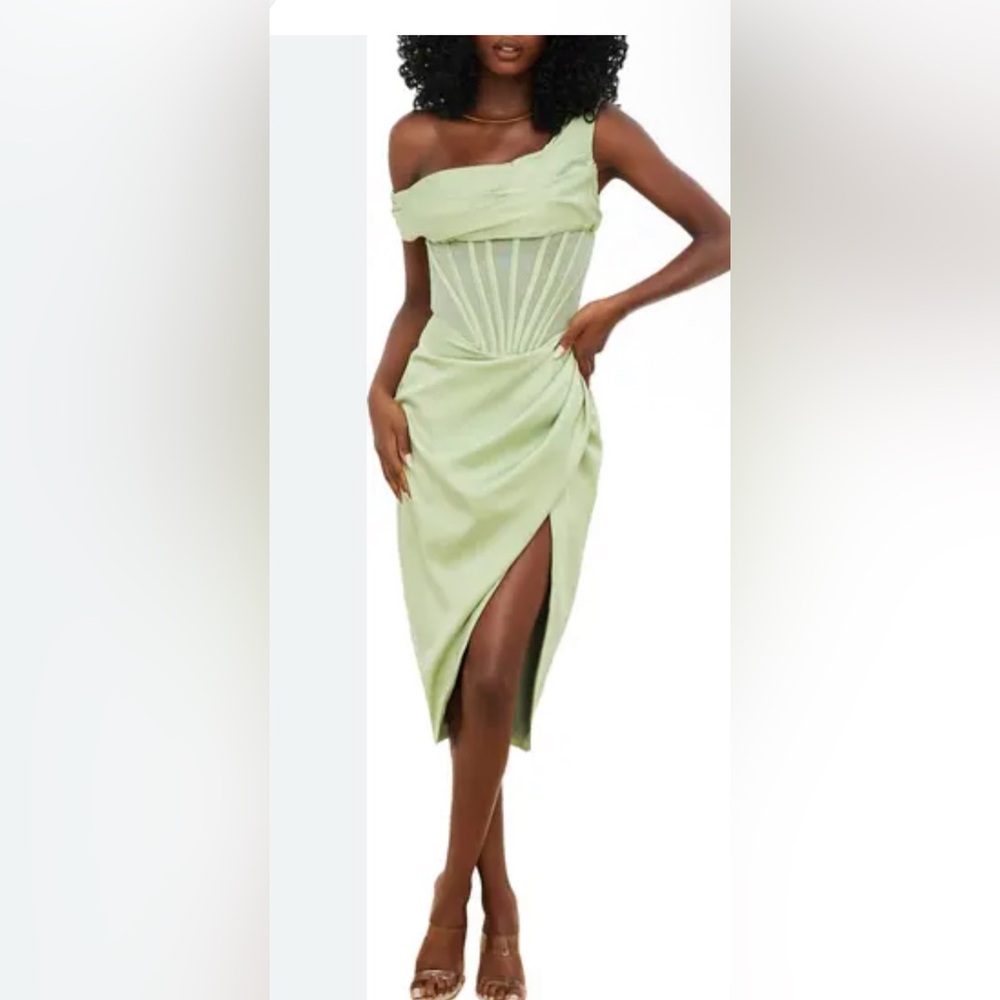 HOUSE OF CB  Lulu Corset One-Shoulder Satin Midi Dress - Pistachio sz s